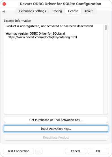 Input Activation Key button highlighted on the License tab in the Devart ODBC Driver for SQLite Configuration dialog