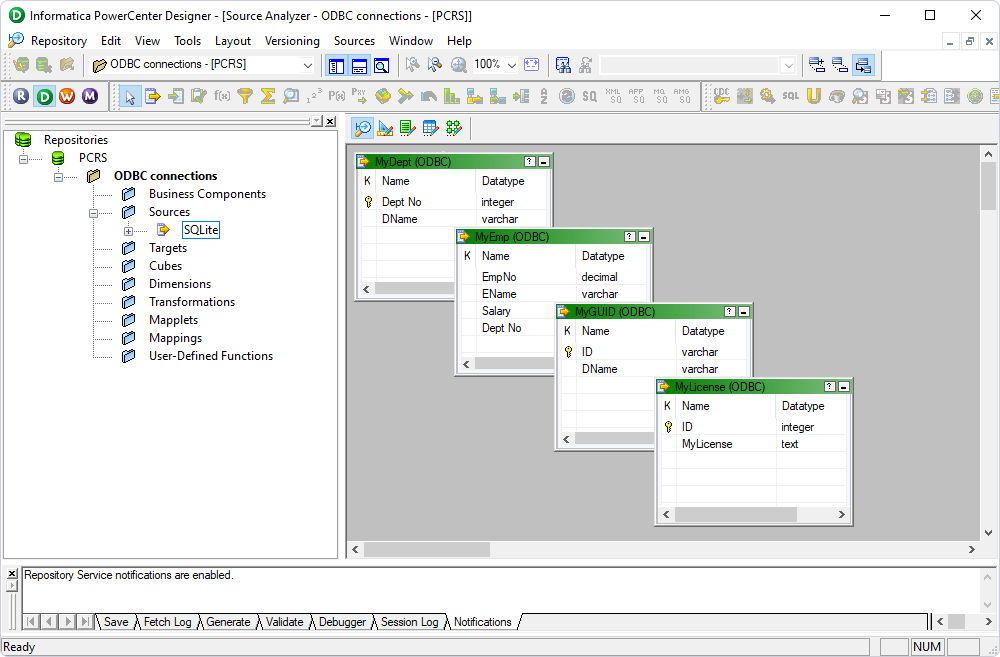 The new source and imported tables in PowerCenter Designer
