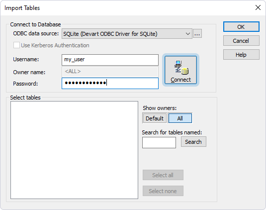The Import Tables dialog with a selected data source and entered credentials