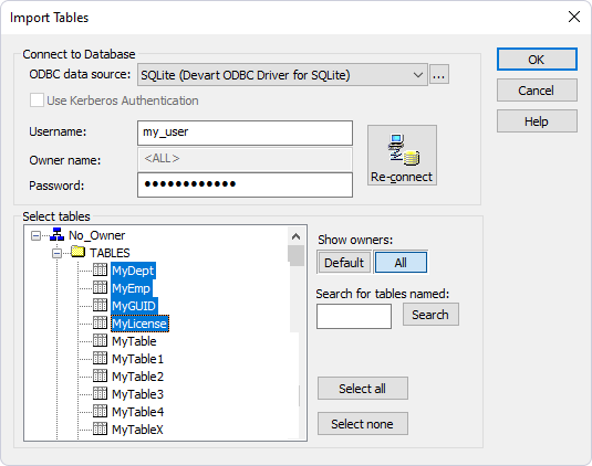 The Import Tables dialog with selected tables