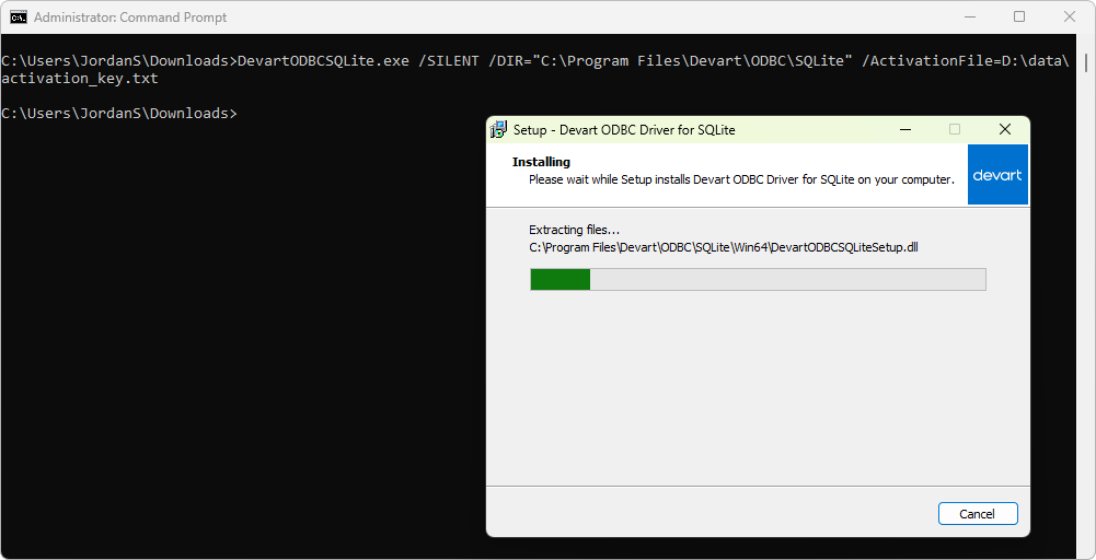 Command Prompt showing the command for silent installation and activation using a file, and the ODBC driver installer window.