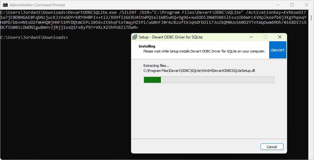 Command Prompt showing the command for silent installation and activation using a key, and the ODBC driver installer window.