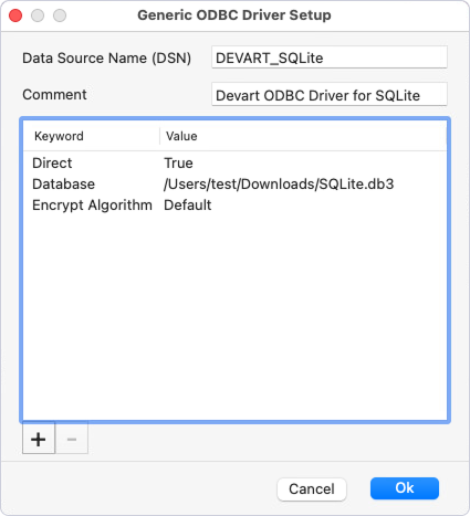 The ODBC driver Setup dialog.