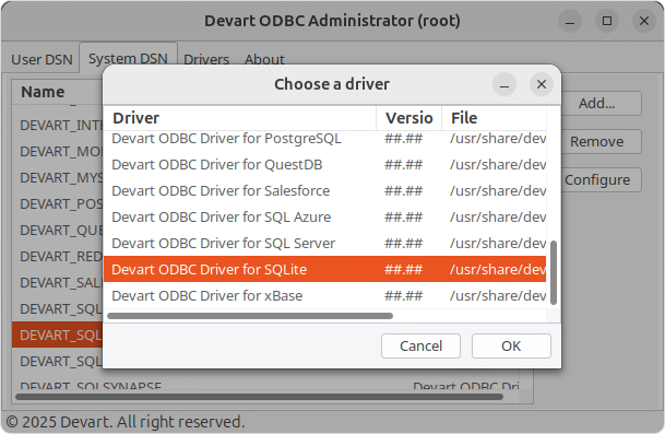 Create a DSN on Linux: choose a driver