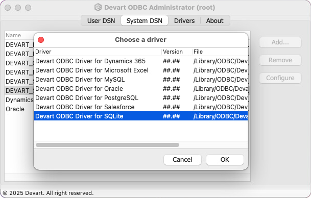 Create a DSN on macOS: choose a driver