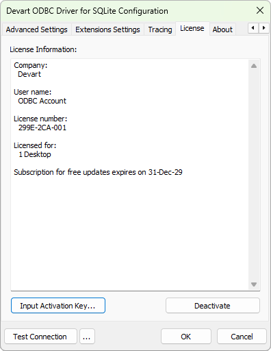 Installed ODBC license information
