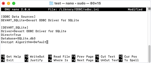 The odbc.ini file opened in a text editor with entered DSN configuration details.