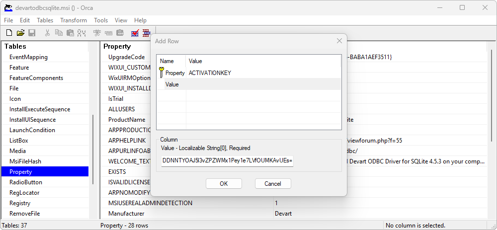 Add property to an MST file using Orca