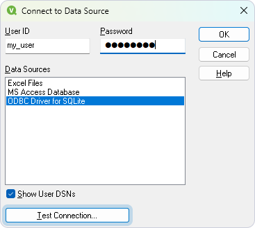 The Connect to Data Source dialog with a selected DSN and entered credentials