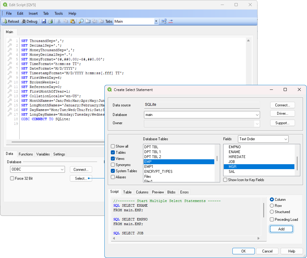 The Create Select Statement dialog with selected tables and fields