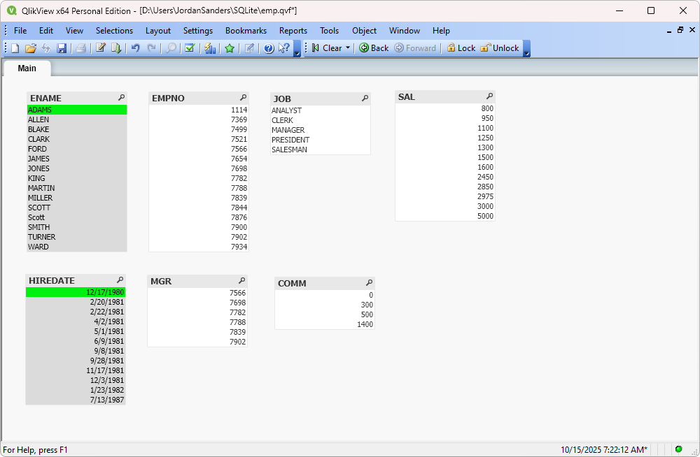 A sheet with fields from SQLite displayed as list boxes