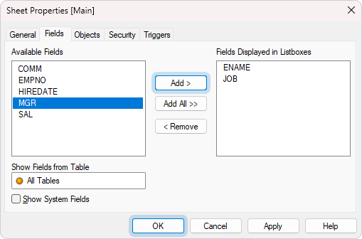The Sheet Properties dialog with selected fields to be displayed as list boxes