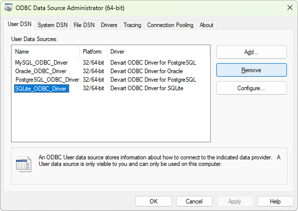 ODBC Data Source Administrator window, with the ODBC driver selected and the Remove button highlighted.