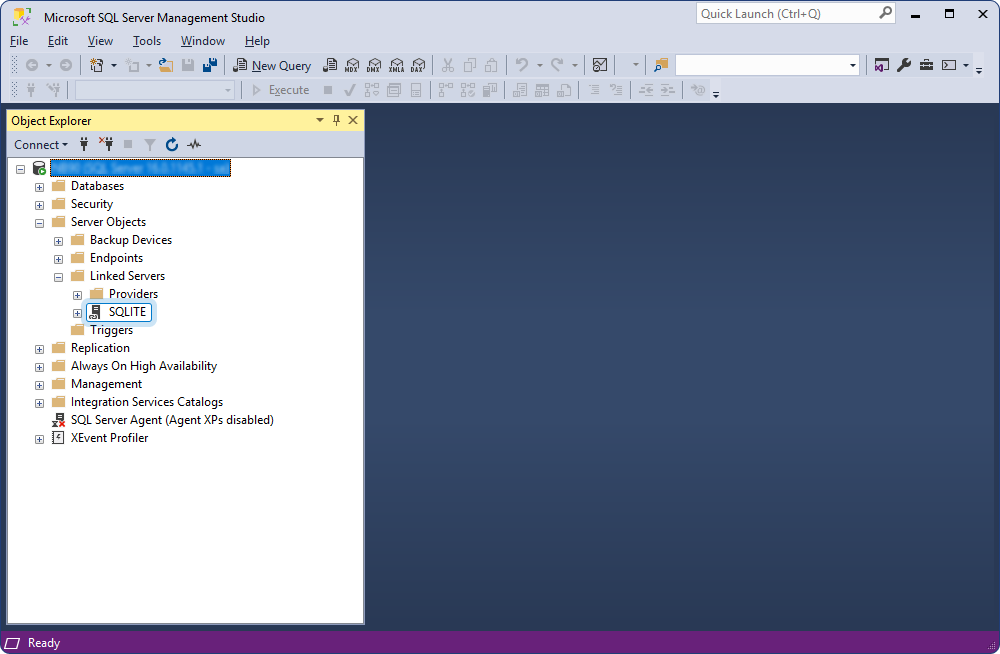 The added linked server in the Object Explorer pane
