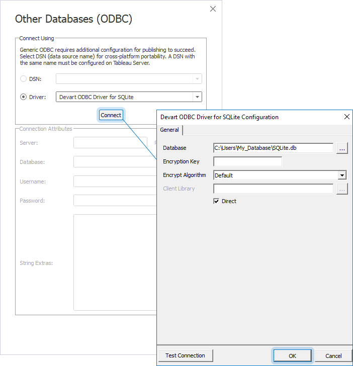 The Other Databases (ODBC) and Devart ODBC Driver for SQLite Configuration dialogs