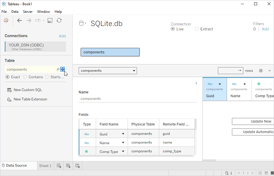 The Data Source page with the displayed table