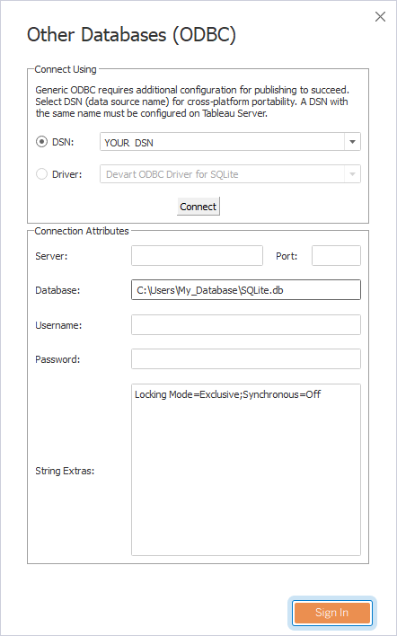 The Other Databases (ODBC) dialog with the active Sign In button