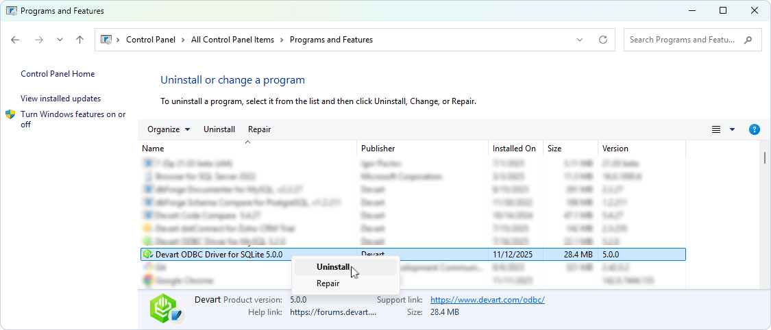 Programs and Features window, with the ODBC driver selected and the Uninstall option highlighted.