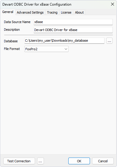 Devart ODBC Driver Configuration dialog with specified connection details