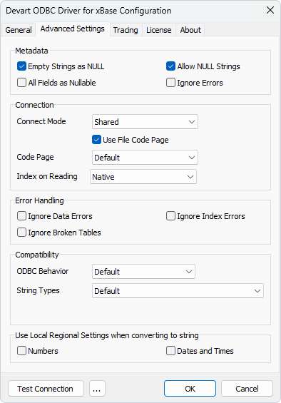 The Advanced Settings tab of the Devart ODBC Driver for xBase Configuration window