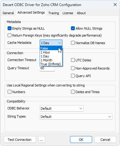 The Cache Metadata drop-down list on the Advanced Settings tab in the Devart ODBC Driver Configuration dialog