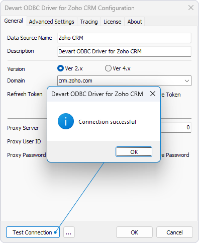 Test Connection button highlighted in the Devart ODBC Driver Configuration dialog and the Connection successful notification