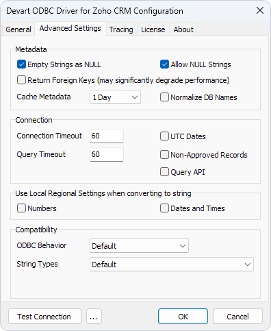 The Advanced Settings tab of the Devart ODBC Driver for Zoho CRM Configuration dialog