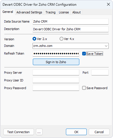 Devart ODBC Driver for Zoho CRM Configuration dialog with the Refresh Token field filled in and the Save Token checkbox selected