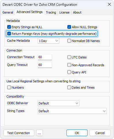 Advanced Settings tab in the Devart ODBC Driver Configuration dialog