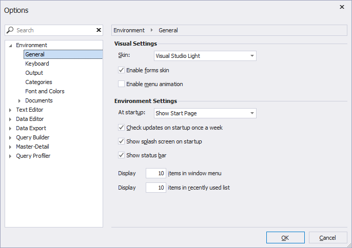 Options window