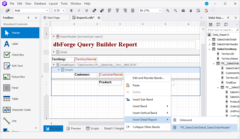 Add the DetailReport1 area to the report to add the data from the other table