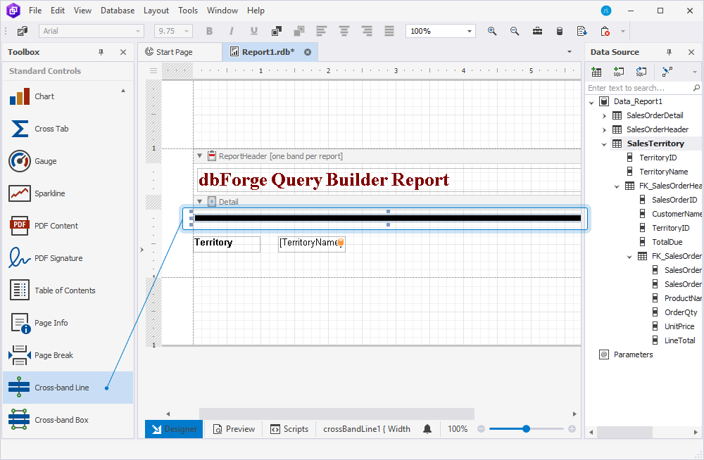 Add a cross-band line to the report