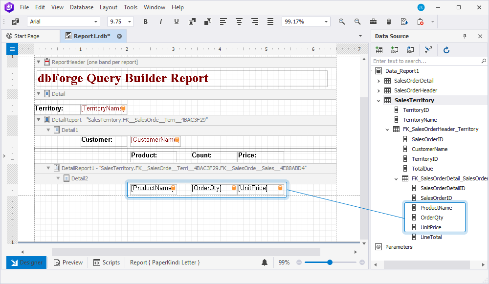 Drag the fields from FK_SalesOrderDetail_SalesOrderHeader to the Detail2 area to display them in the report