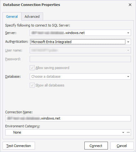 Connecting to the Azure database with Microsoft Entra Integrated