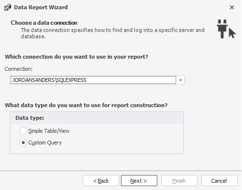 Choose a database connection and a data type