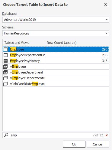Choose the target table to insert data to