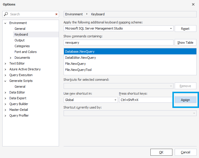 Assign a new shortcut to the command
