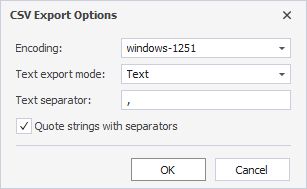 CSV Export Options window