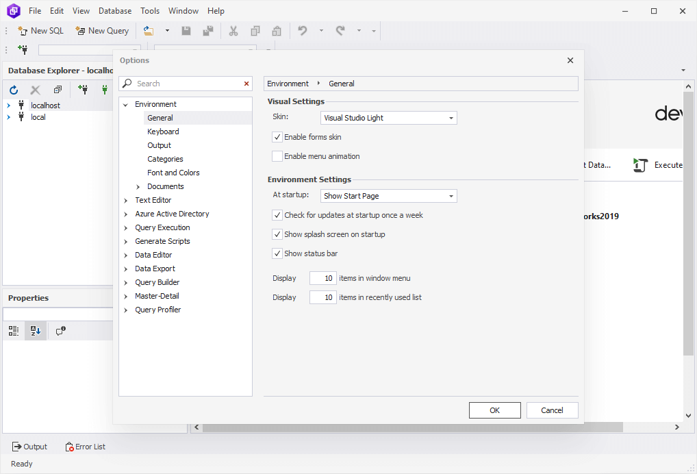 Options window