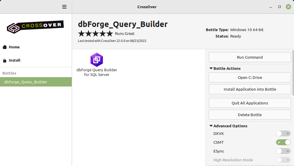 dbForge Query Builder for SQL installed in the bottle