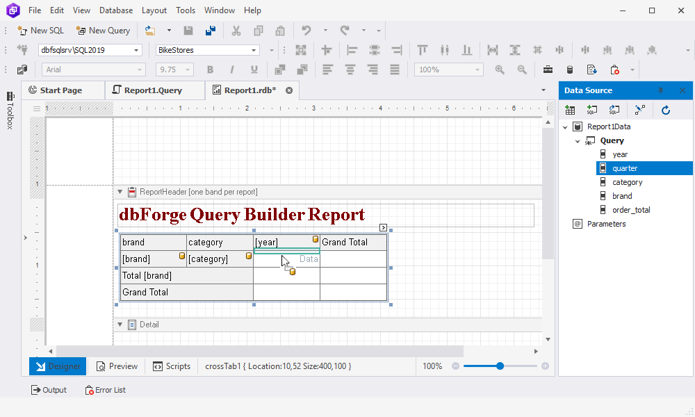 Drag the fields to the Cross Tab control