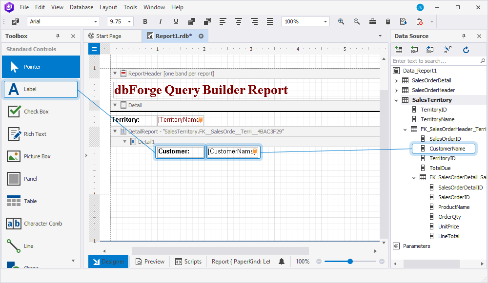 Drag the required fields onto the DetailReport area