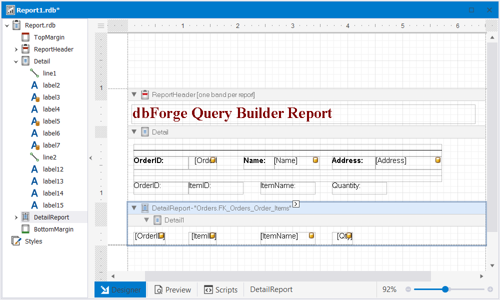 Drag the required fields onto the DetailReport area