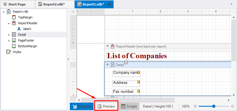 Open the **Preview** page in Report Designer