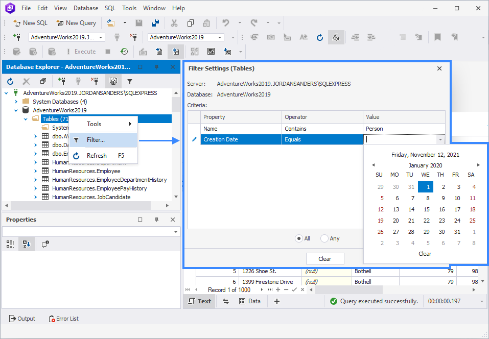 Database Explorer Filtering