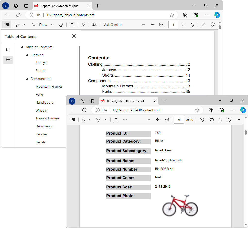 Exported report with the Table of Contents control