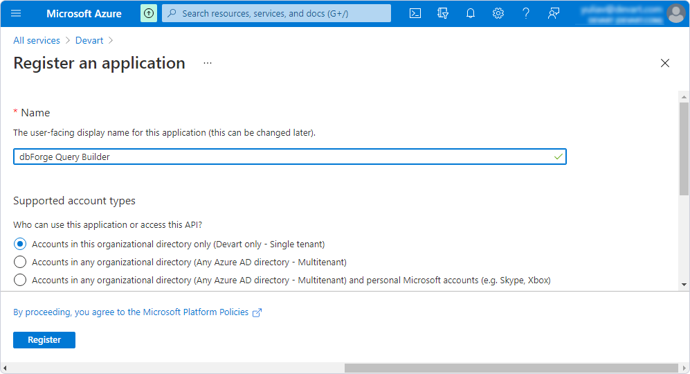 Enter dbForge Query Builder as an application name