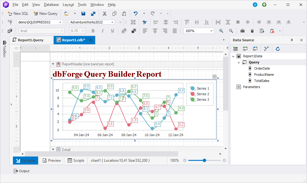 Specify the chart's series, argument, and value