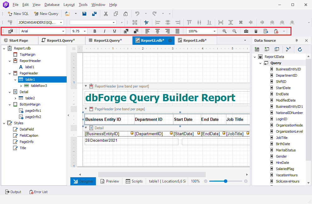 Report Designer toolbar