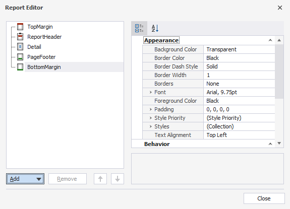 Report Editor dialog window